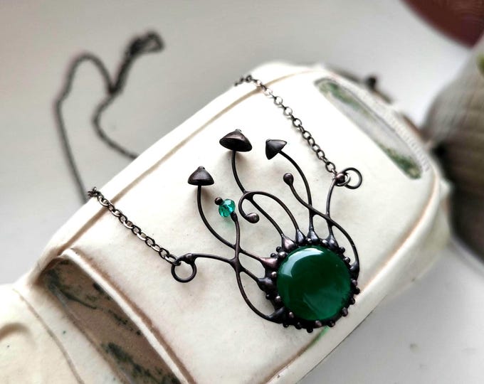 Black Glass Mushroom Pendant Necklace, Handcrafted Copper and Pewter Nature Jewelry
