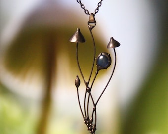 Blue Glass Mushroom Cluster Necklace, Blackened Copper and Pewter Forest Wearable Art