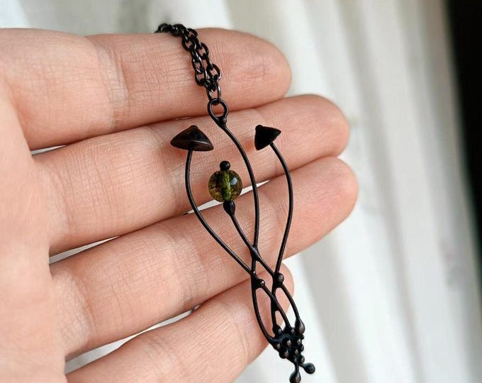 Magic Mushroom Pendant: Copper, Pewter & Green Glass - Forest Necklace