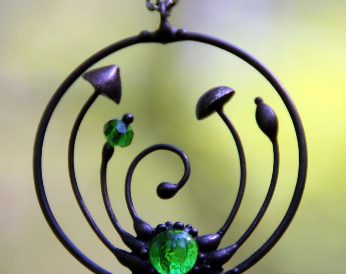 Stained glass magic mushrooms metal round necklace, handmade hippie boho pendant with fungi, unique forest gift botanical jewelry.