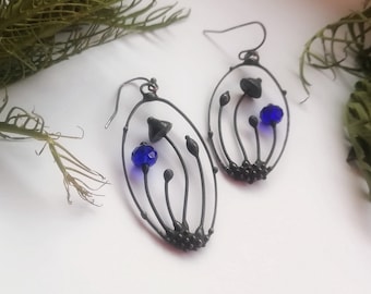 Mushroom Earrings: Psychedelic Boho Jewelry, Copper & Blue Glass
