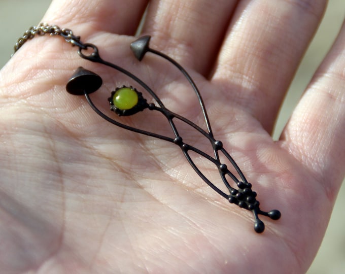 Small magic mushrooms shrooms black metal pendant with green glass, woodland fairy witch jewelry, rave festival gift steel fungi jewellery.