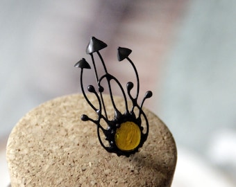 Handmade Psychedelic Magic Mushrooms Brooch with Yellow Glass, Good Witch forest design Jewelry Stained Glass Fungi Boho Brooch.