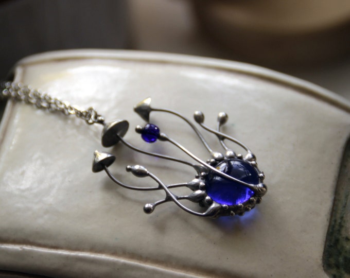 Stained glass forest style necklace magic mushrooms with blue glass, witch botanical necklace unique forest nature gift.