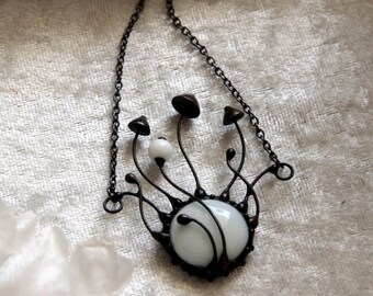 Boho Mushroom Pendant Necklace: Copper, Pewter, Steel & White Glass