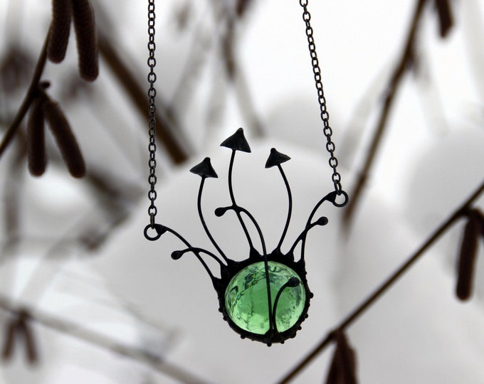 Handmade Forest Mushroom Necklace: Green Glass Witch Pendant