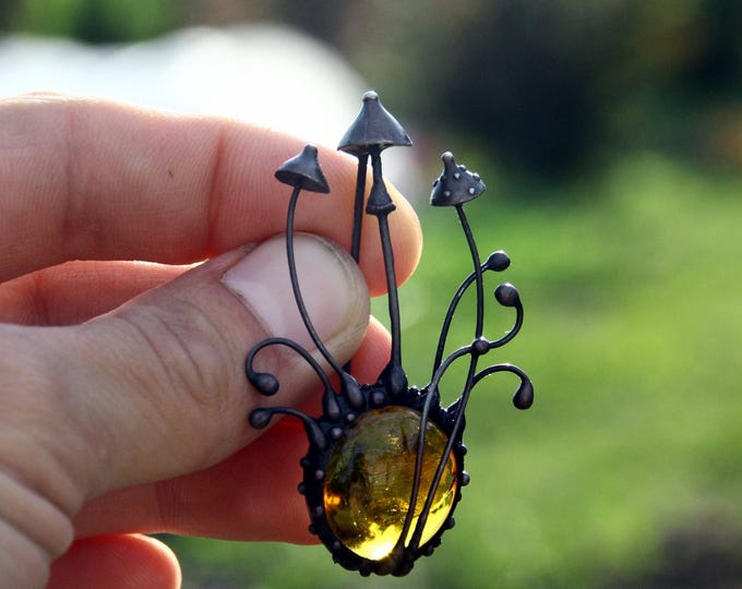 Hand Sculpted Copper Mushroom Brooch: Boho Psytrance Jewelry