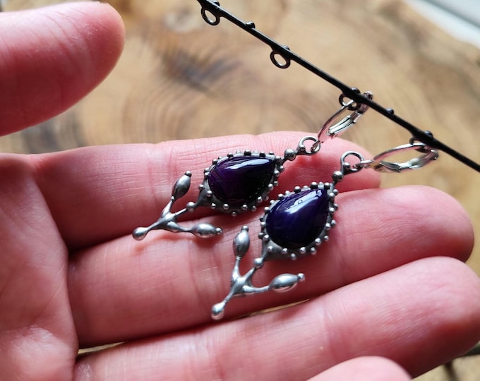 Purple Agate Flower Earrings, Silver Tone Copper and Pewter Botanical Wearable Art