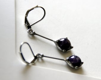 Purple amethyst simple geometry stained glass minimalist earrings, boho minimalism style jewelry, author's jewelry earrings, gift for woman.