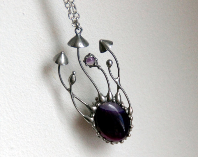 Silver metal stained glass forest magic mushroom necklace, woodland cottagecore witch fungi botanical pendant with agate and amethyst.