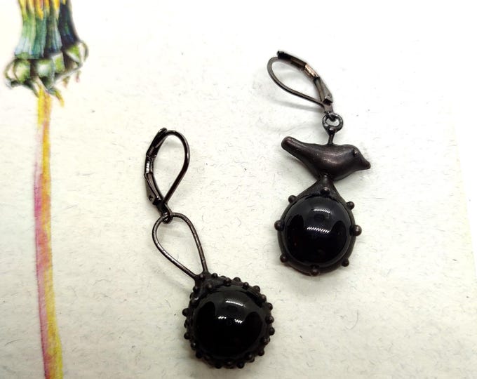 Asymmetrical Black Bird Metal Earrings: Woodland Witch Jewelry