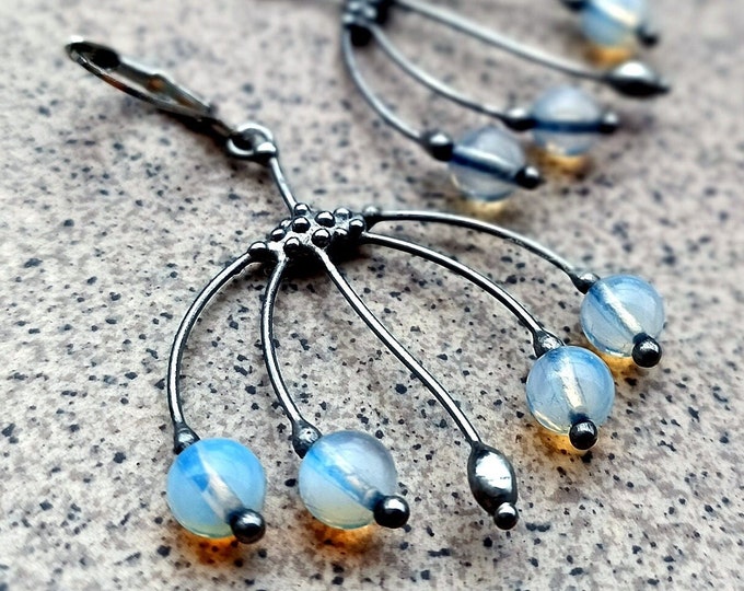Unusual boho hippie style stained glass forest tree branch silver metal earrings, aesthetic earrings naturecore botanical jewellery.