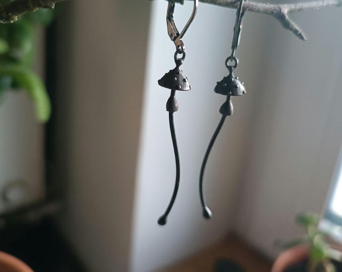 Forest amanita silver metal mushrooms earrings, witch psychedelic earrings, boho hippie mushroom jewelry, unusual gift nature earrings