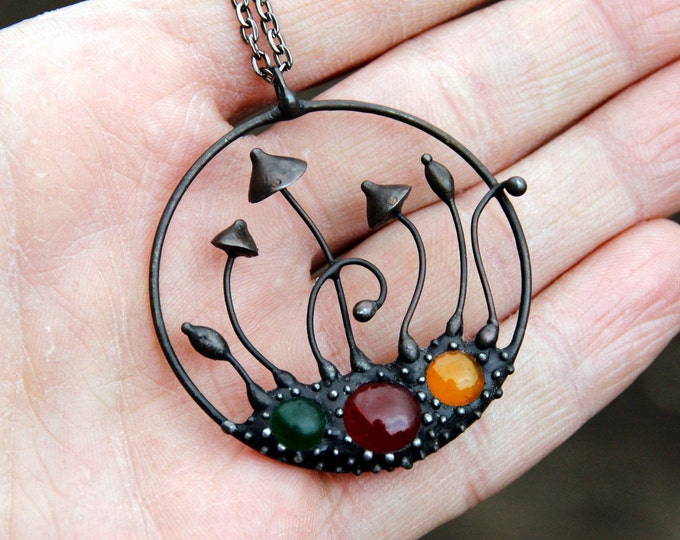 Stained glass magic mushrooms hoop pendant necklace with multicolored glass, inspired by nature unusual gift, psychedelic clothes.