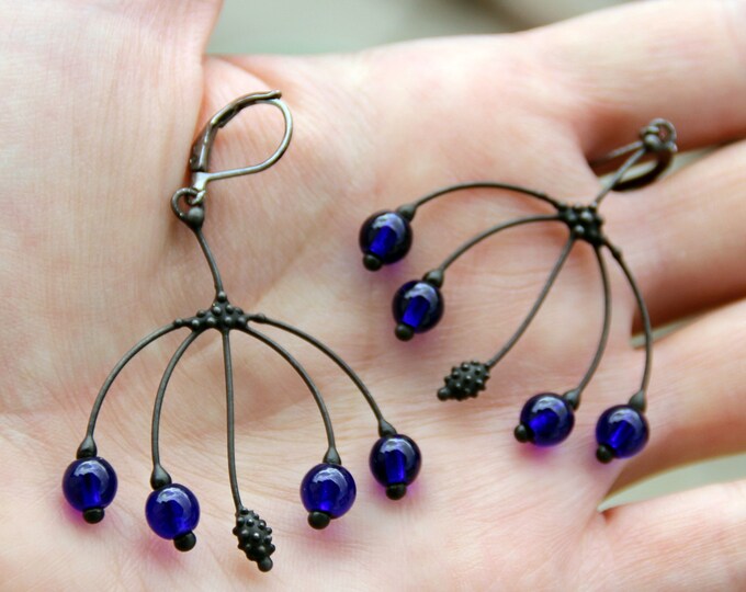 Handmade Black Metal Earrings with Blue Glass Beads: Boho Fairy Style