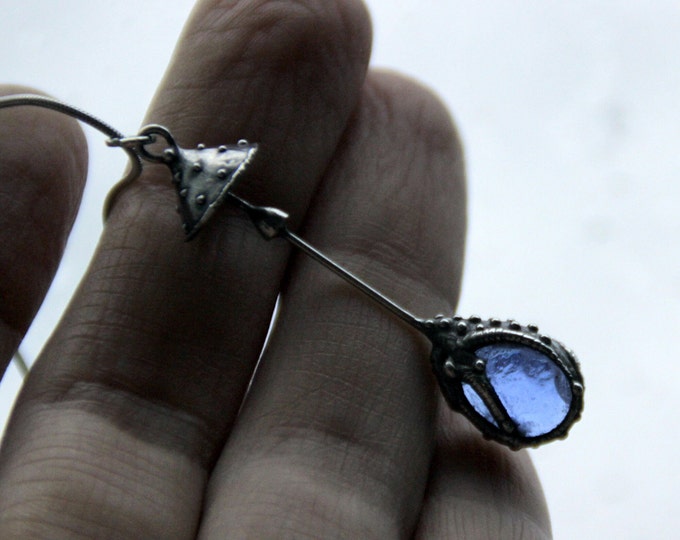 Handmade metal amanita muscaria necklace with blue glass, stained glass magic mushroom toadstool small pendant, unusual forest jewelry.