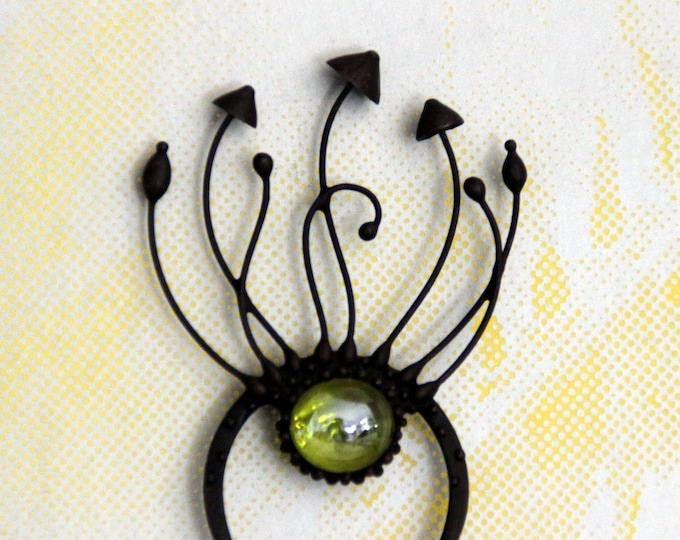 Handmade Magic Mushroom Hair Pin: Copper, Pewter, Steel, Green Glass