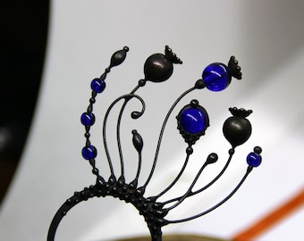 Handmade metal poppy wildflowers boho hippie hair pin with blue glass, nature inspired aesthetic design jewellry, unusual witchcraft gift