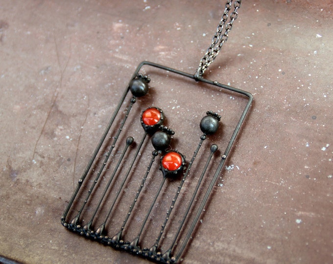 Boho hippie red poppy flowers handmade black metal necklace, unusual floral botanical design inspired by wild nature jewellery.
