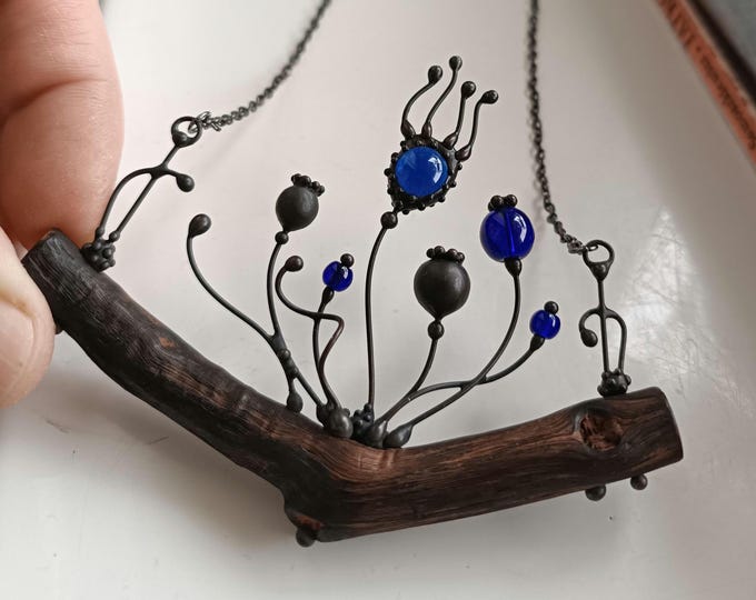 Mystical blue poppy flowers wood and metal necklace pendant with blue glass inspired by nature  oak forest necklace, unusual nature gift.