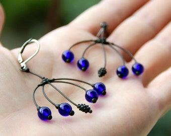 Handmade Black Metal Earrings with Blue Glass Beads: Boho Fairy Style