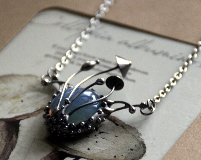 Magic mushrooms pendant necklace jewelry, floral boho botanical pendant with blue glass, forest hippie witch style fairy fashion clothes.
