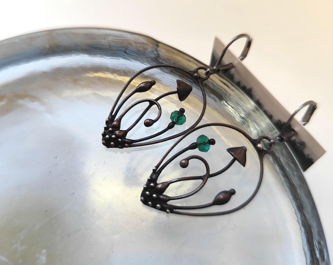 Green Glass Mushroom Drop Earrings, Blackened Copper Teardrop Dangles, Botanical Wearable Art