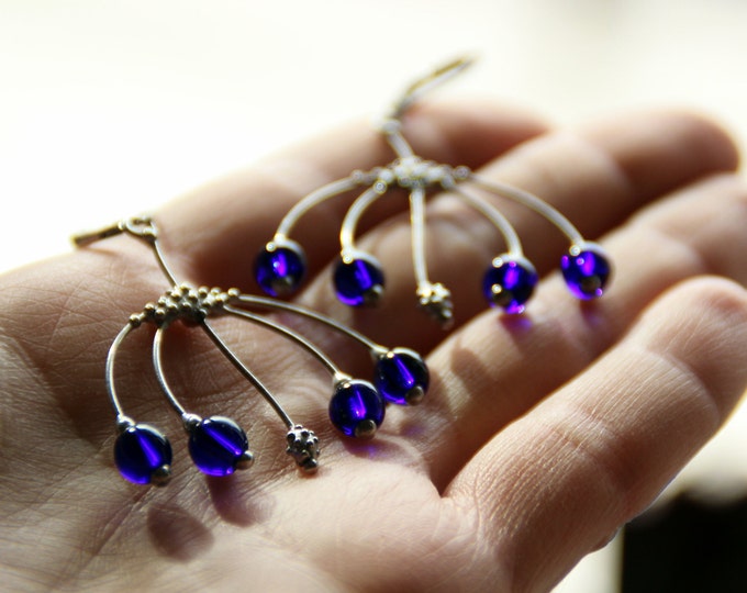 Handmade unusual silver metal boho earrings with blue glass, forest fairy earrings, boho style earrings, hippie girl earrings, witchcraft