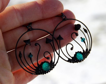 Hoop mushrooms earrings, hippie earrings, round earrings mushrooms, boho round earrings, psytrance, witch magic mushrooms forest jewelry.
