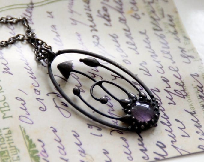 Psylocibe magic mushrooms handcrafted small oval metal pendant with amethyst, forest magic style unusual boho hippie psychedelic jewelry.