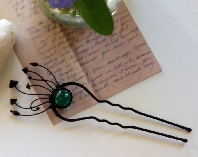 Witchcraft forest mushrooms handmade metal hair pin with green glass, inpired by nature woodland psychedelic jewelry, unusual forest gift.