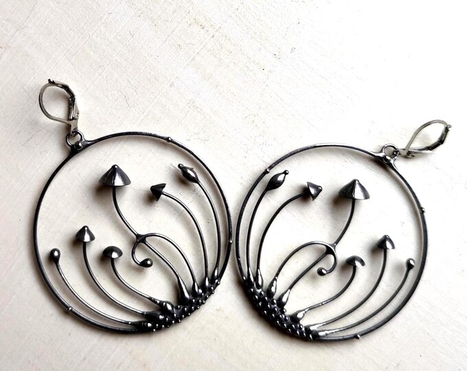 Stained Glass Mushroom Hoop Earrings: Minimalist Botanical Design