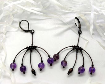 Handmade Forest Earrings: Purple Glass, Pewter, Steel and Copper