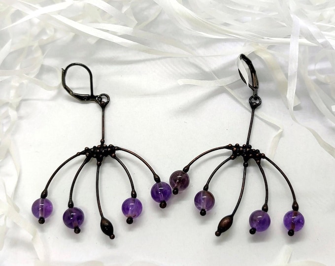 Handmade Forest Earrings: Purple Glass, Pewter, Steel and Copper