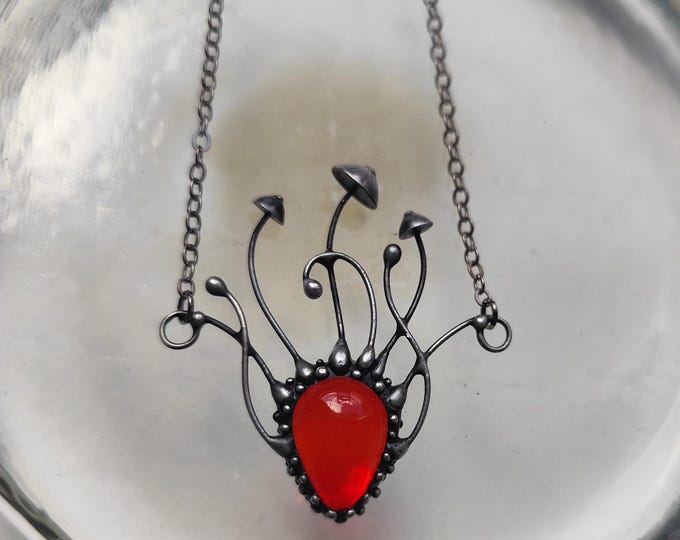 Red Glass Mushroom Necklace, Blackened Copper Forest Pendant, Sculptural Fungi Wearable Art