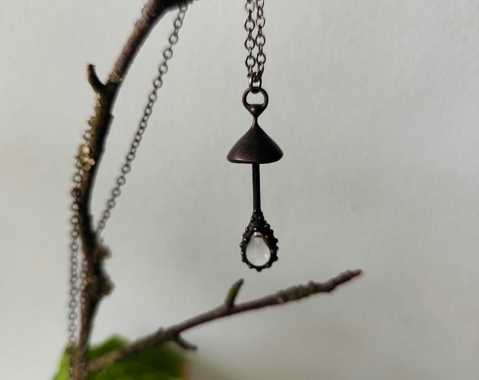 Woodland magic mushroom inspired by forest handmade small metal necklace with clear glass, fungi pendant, wild nature design jewelry.