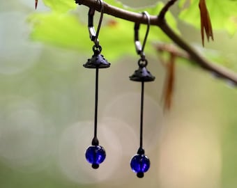 Amanita handmade metal mushrooms earrings with blue glass, forest boho witch earrings, woodland fly agaric unique nature gift.