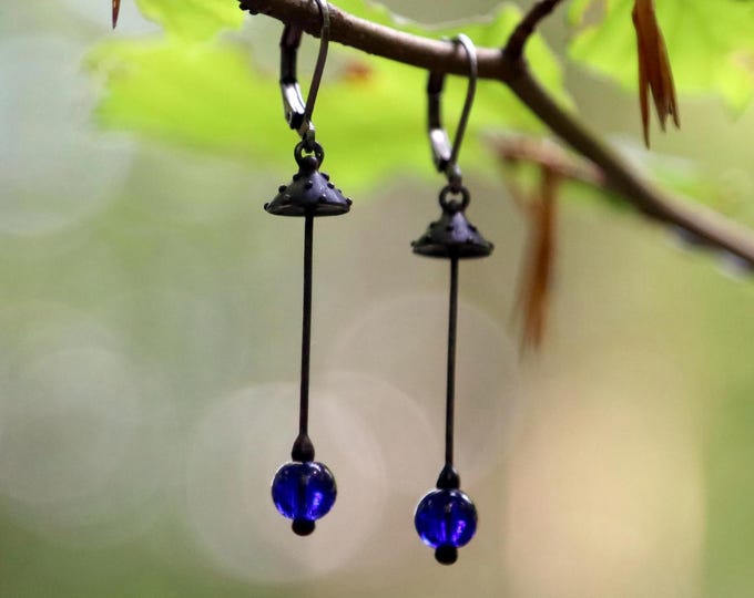 Amanita handmade metal mushrooms earrings with blue glass, forest boho witch earrings, woodland fly agaric unique nature gift.