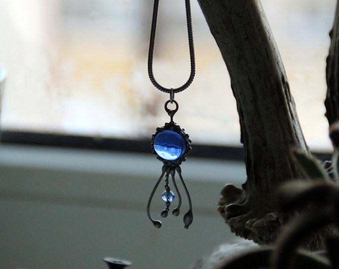 Psychedelic creatures jellyfish stained glass necklace with blue glass, nature lover gift inspired by ocean, boho hippie octopus pendant.
