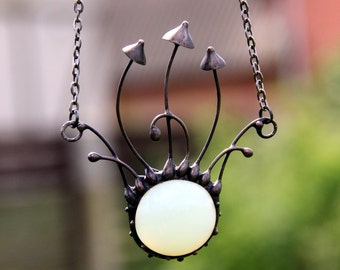 Handmade Metal Magic Mushrooms Necklace with Blue Glass - Witch Mushrooms Necklace - Foreststyle Witchcraft Accessory