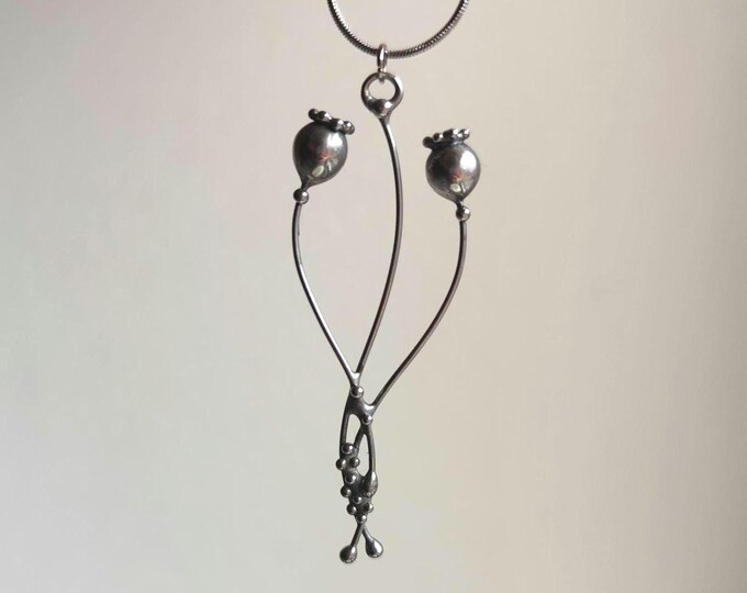Silver Tone Poppy Seed Pod Necklace, Copper and Pewter Botanical Wearable Art