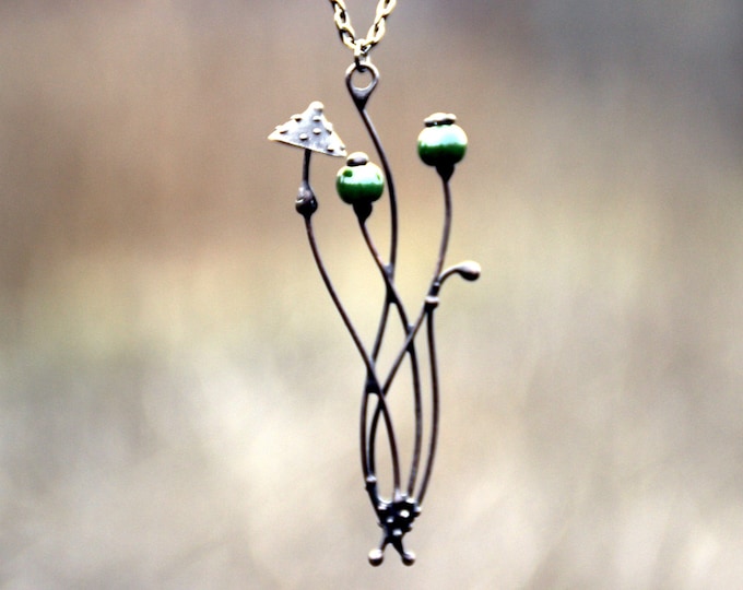 Mushroom Amanita boho hippie small metal pendant with green ceramic, forest witch jewelry, fairy nature small pendant, psychedelic style.