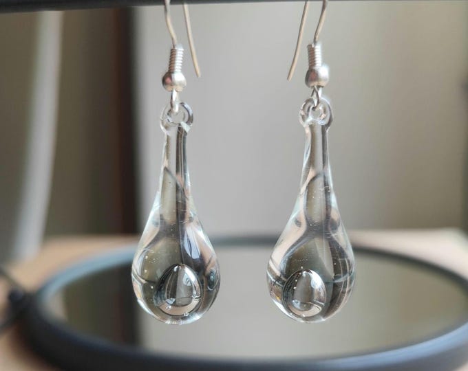Handblown Clear Glass Teardrop Earrings, Bubble Dangle Minimalist Jewelry