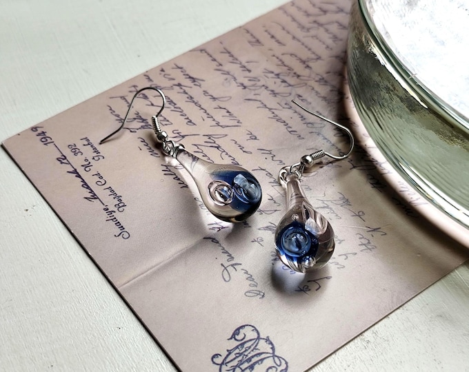 Handblown Blue Swirl Glass Teardrop Earrings, Borosilicate Glass Wearable Art
