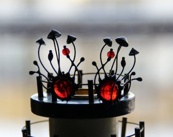 Stained Glass Mushroom Brooch: Art Nouveau Copper Cottagecore Jewelry