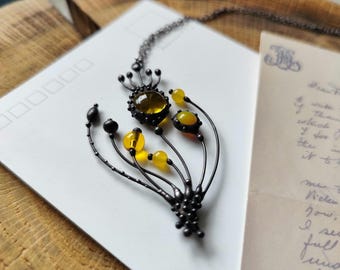 Yellow Glass Poppy Pendant Necklace, Blackened Copper and Pewter Botanical Wearable Art