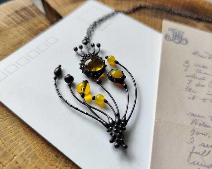 Yellow Glass Poppy Pendant Necklace, Blackened Copper and Pewter Botanical Wearable Art