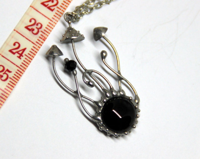 Woodland fly agaric magic mushrooms inspired by forest handmade metal pendant with black glass, amanita muscaria wild nature design jewelry.