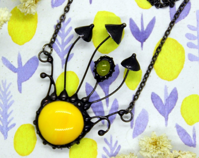 Yellow Glass Mushroom Necklace: Psychedelic Copper Pendant