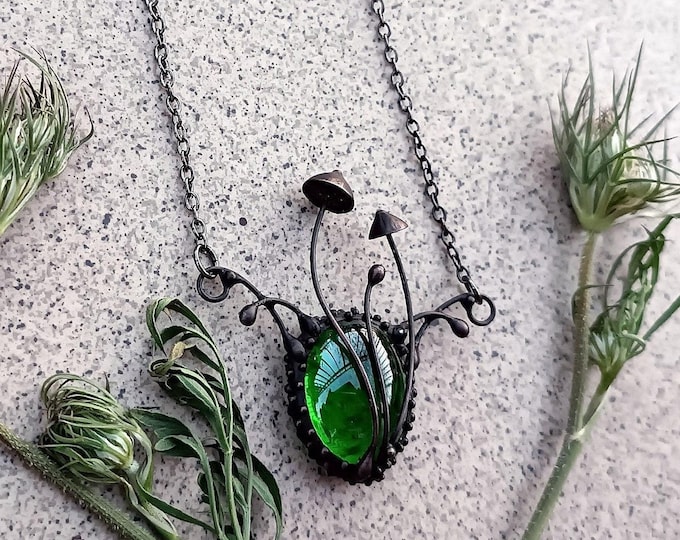 Mushroom Pendant Necklace: Green Glass Floral Fungi, Boho Witch Style
